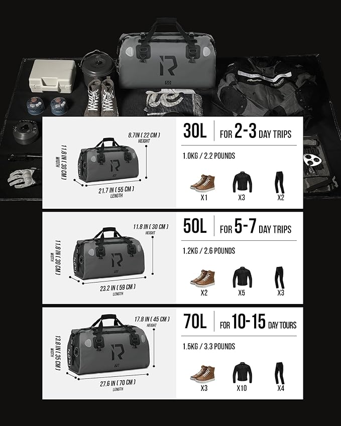 IRON JIA'S Motorcycle Dry Bag - Waterproof Duffle & Luggage Tail Bag Saddle Bags with Roll Top Closure, Shoulder Straps, Inner Pocket and Mesh Pocket (Grey, 50L)