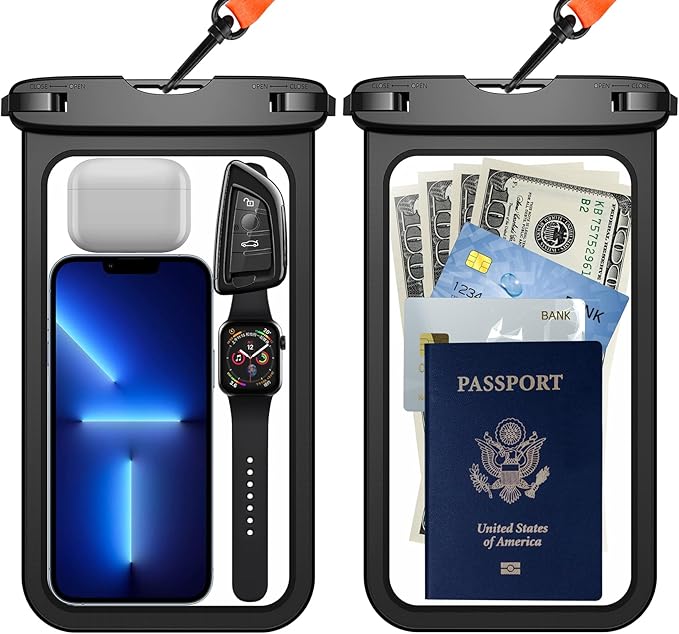 Temdan 2 Pcs Waterproof Phone Pouch, [Up to 10" Large] Universal IPX8 Waterproof Cell Phone Case Dry Bag with Lanyard for iPhone 16 Pro Max/16E/15/14/13,Galaxy S25 Ultra/S24/S23 for Vacation -Black