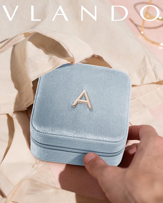 Vlando Jewelry Box for Aunt Gifts from Niece Nephew, Birthday Gifts for Aunt Auntie, Unique Gifts for Aunt Auntie Travel Jewelry Case, Auntie Gifts for Wedding Anniversary - Letter F, Blue