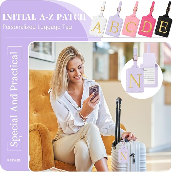 Personalized Initial Luggage Tags for Suitcase, Purple Leather Cute Luggage Tags with Privacy Cover Name Card, Embroidered Custom Monogrammed Luggage Tag Travel Backpack Tags Gifts for Women Kids(N)