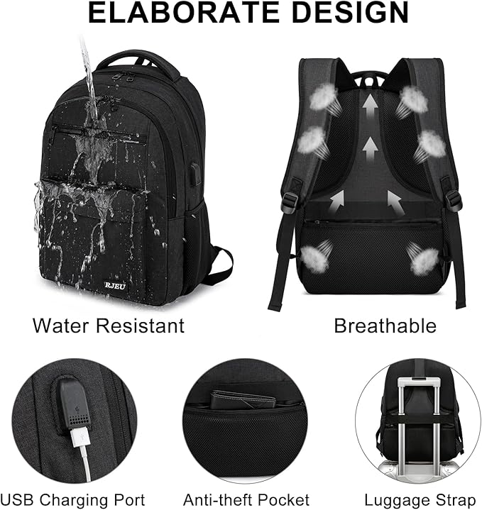 School Backpack for Teen Boys & College Students - 17.3 Inch Laptop Backpack, Ergonomic Anti-Theft Bookbag with USB Charging Port for High School, University, Black