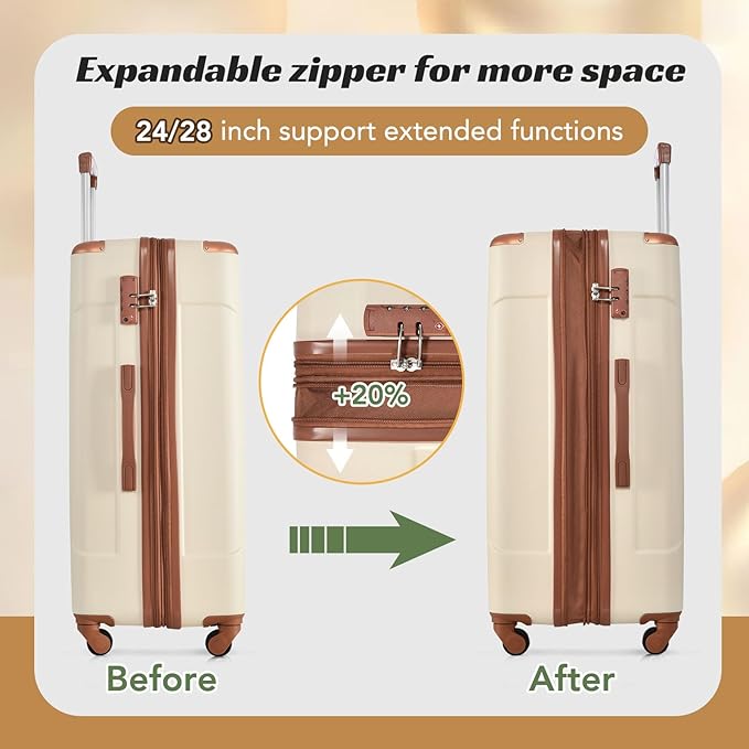 Merax Suitcases With Wheels Hardside Luggage Sets 3 Piece, Expandable And Lightweight, Travel Suitcases For Woman And Man (White Brown)