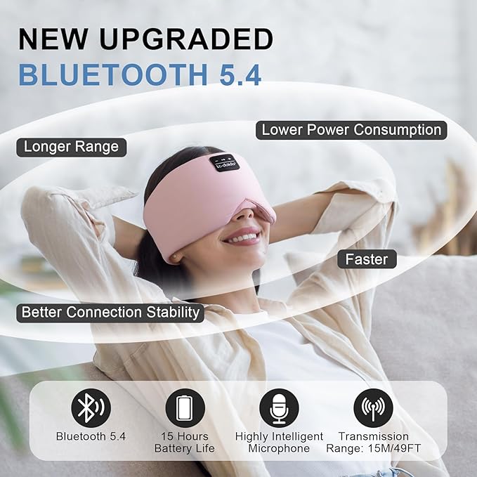 LC-dolida Sleep Mask with Bluetooth Headphones, Ice Silk Sleep Headphones with Bluetooth 5.4, Total Blackout Eye Mask for Sleeping, Soft Sleep Mask for Women Men, All Night Sleep, Travel(Pink)