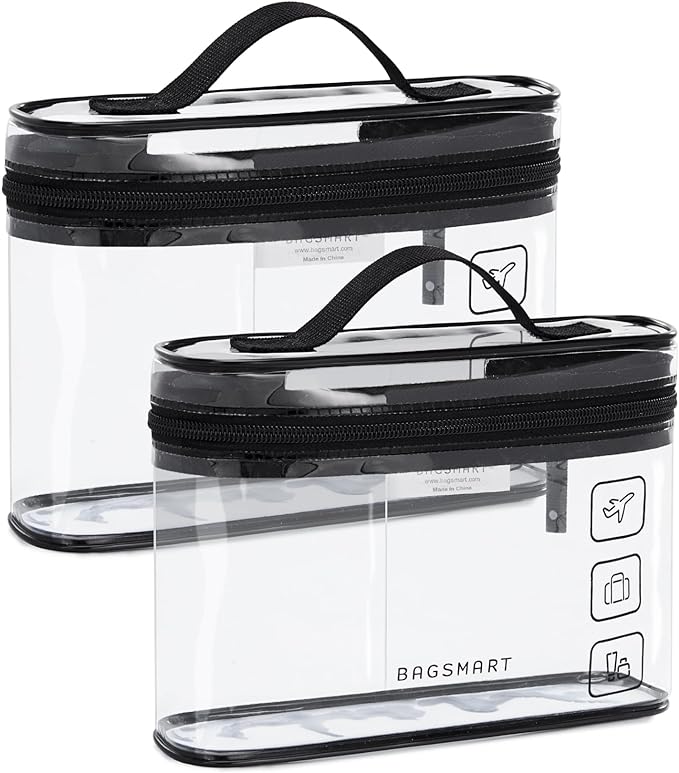 BAGSMART TSA Approved Toiletry Bag, 2 Pack Clear Makeup Cosmetic Bag Organizer, Quart Size Travel Bag for Toiletries, Carry-on Travel Accessories Essentials, Black-2pcs