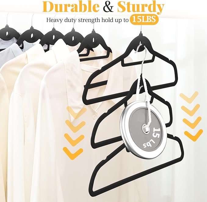 Velvet Felt Stackable Hangers 50 Pack, Non Slip, with 360° Swivel Hook, Ultra Thin and Space Saving for Suits, Shirts, Coats, 15Lbs Capacity Heavy Duty, Black