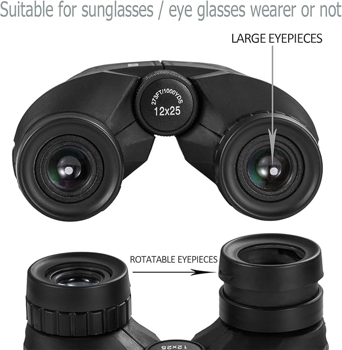 Occer 12x25 Compact Binoculars for Adults and Kids, Large Eyepiece Waterproof Binocular with Low Light Vision,High Powered Easy Focus Binoculars for Bird Watching,Outdoor Hunting,Travel,Sightseeing