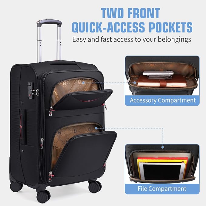 Softside Expandable Luggage with 4 Spinner Wheels, Durable Carry-On Luggage Suicase (Black, 21-Inch)