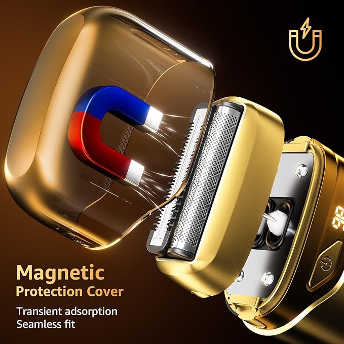 Electric Foil Shavers for Men, Mini Electric Razor, Compact Face Shaver, IPX7 Waterproof Wet Dry Cordless Razor, LED Display, USB-C, Travel-Friendly, Light Gold