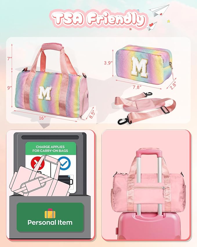 Birthday Gift for Daughter-Girl Gym Bag with Shoe Compartment, Kid Weekender Dance Bags, Initial Travel Tote with Makeup Pouch, Gifts for 5 6 7 8 9 10 11 12 Year Old Girls (Letter A)