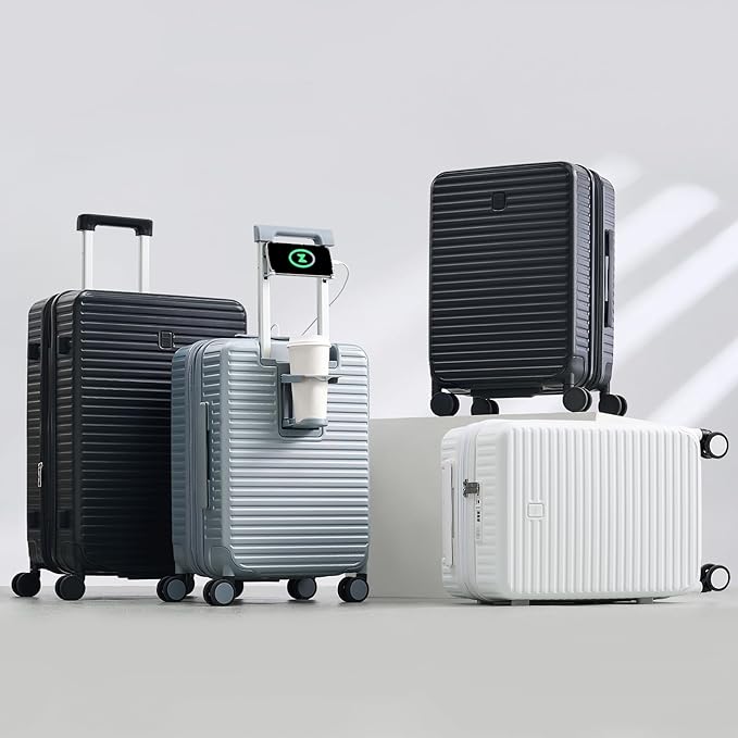 Hard Shell Suitcases Airline Approved 20 Inch Carry on Luggage, Expandable Travel Luggage Carry on Luggage with Cup Holder Charger Built in, Lightweight Small Suitcases with Wheels, White