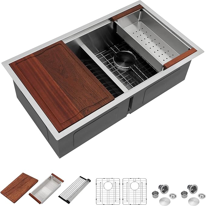 Dcolora 36 Inch Large Double Bowl Low-Divide Kitchen Sink Undermount 16 Gauge Stainless Steel 50/50 Split with Workstation, 36"x19"x10" Double Basin, DC-U7738