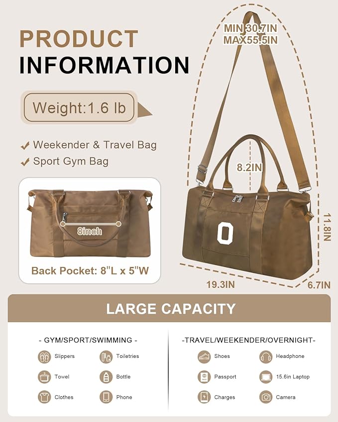 Birthday Graduation Gifts for Daughter,Initial Travel Duffel Bag Sports Gym Bag for Girls Teen Kids Birthday Gifts,Personalized Weekender Bag Carry On Tote Bags Cute Overnight Bag for Women(Brown, O)