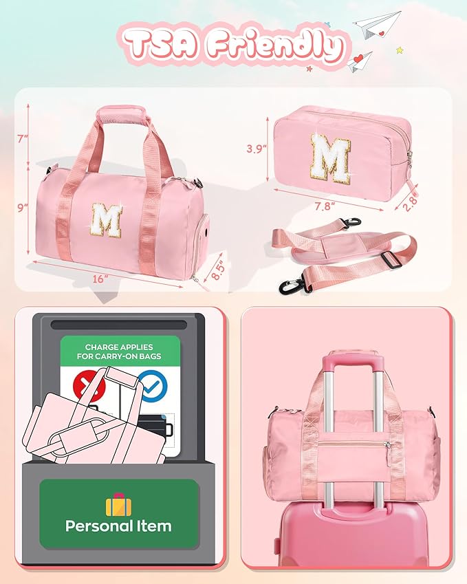 Easter Gifts for Kids-Girl Gym Bag with Shoe Compartment, Kid Personalized Weekender Overnight Bags, Initial Travel Tote with Makeup Pouch, Valentines Day Gift for Girls (Letter R)