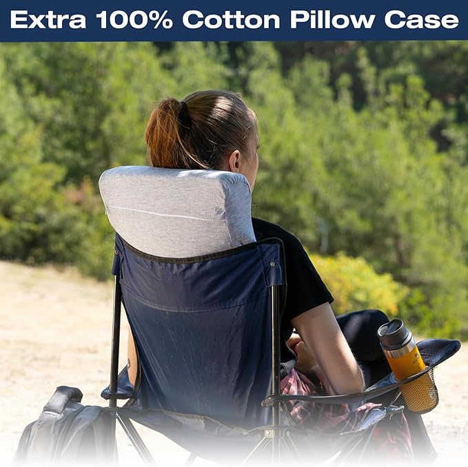 Travel & Camping Comfortable Memory Foam Pillow – Easy to Carry Portable Bag – Temperature Regulating Pillow Case (White Contour + Extra Cover)