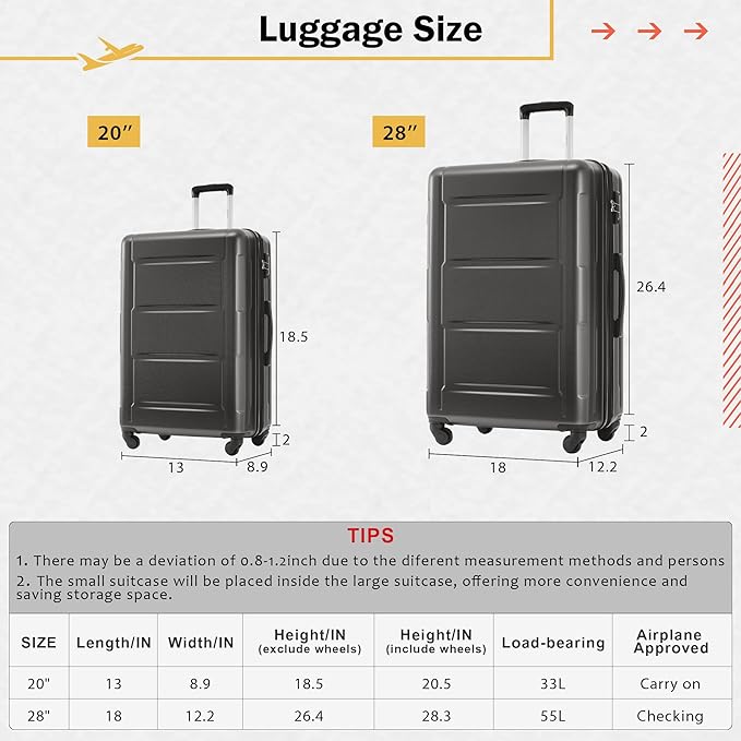 Merax Luggage Set 2 Piece Suitcase Sets with Spinner Wheel,Lightweight Hardside Expandable Travel Laggage with TSA Lock,Suitcase with Travel Bag(20"/28",Dark Gray)
