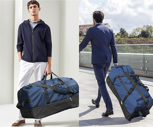 110L/140L Expandable Soft-Sided Foldable Duffle Bag with 2 Rubber Wheels,Packable 32” Rolling Carry-On with Multi-Pockets & Compartments,Navy Blue
