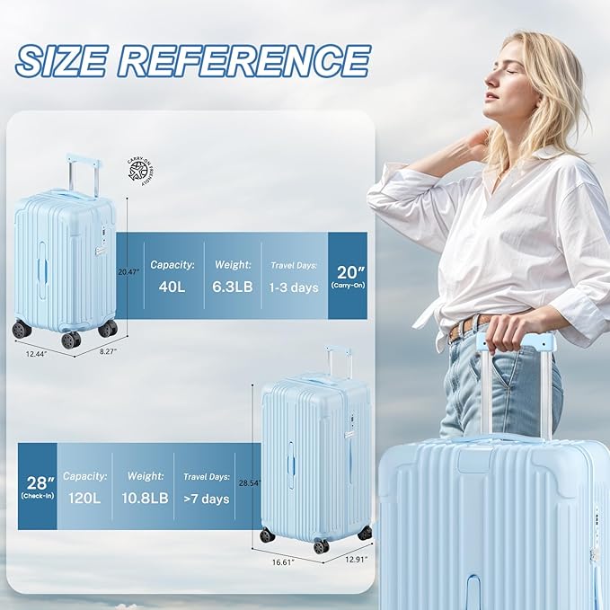 Krute Luggage Sets 2 Piece Suitcase with Spinner Wheels PC+ABS Hardside Suitcases Charging Port TSA Lock Carry On Luggage with Cup Holder 20+28 Inch