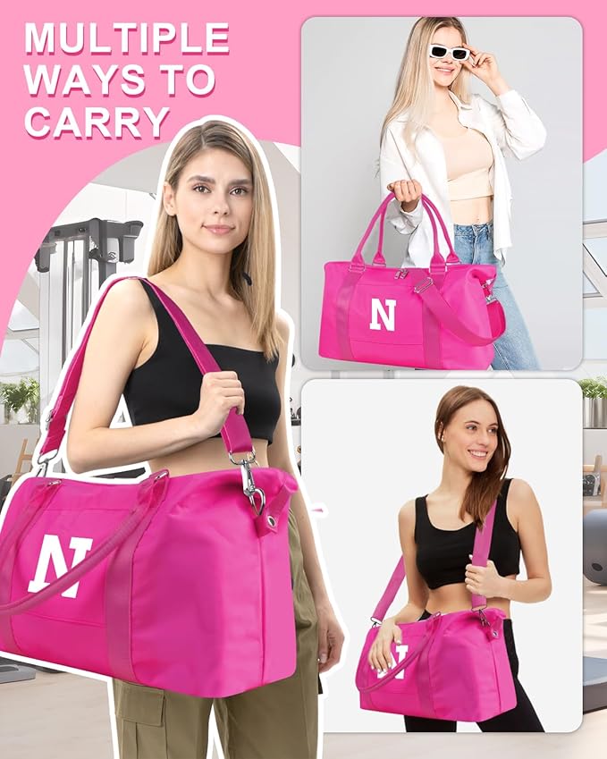 Overnight Bag for Kids Teen Girls Weekender Dance Bag Birthday Graduation Gifts,Initial Travel Duffel Bag Sports Gym Bag Personalized Weekender Bag Carry On Bags Preppy Gifts for Women(Hot Pink, N)