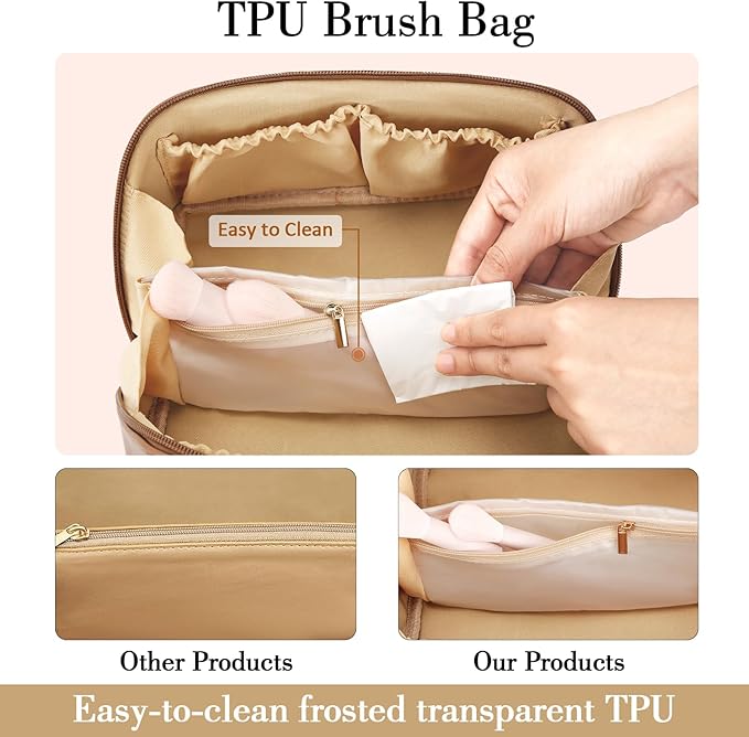 Birthday Gifts for Women Teen Girl, Personalized Initial Makeup Organizer Bag Set, Open Flat Travel Cosmetic Bag With Clear Divider and Handle(Beige,K)