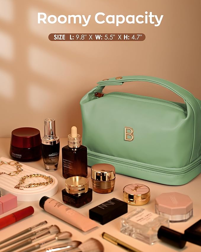 Women Gift, Personalized Makeup Bag with Handle, Initial Double Layer Cosmetic Bag with Makeup Brush Organizer, Cute Cosmetic Pouch for Women, Gifts for Friends Female Mom