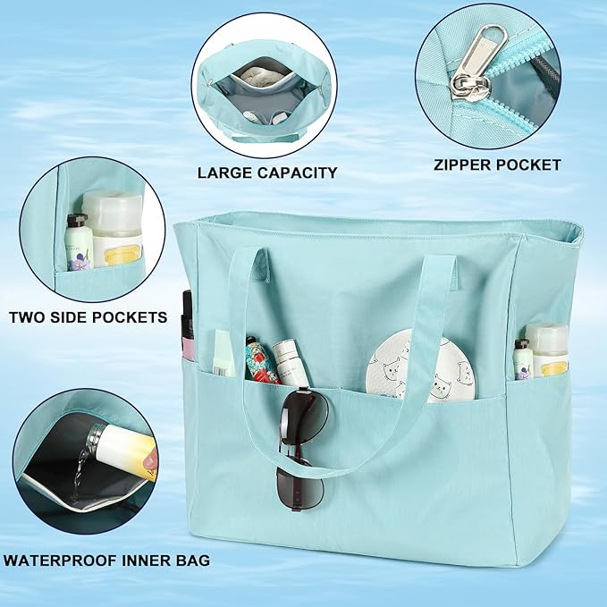 LEDAOU Beach Bag Waterproof Sandproof Women Tote Bag Pool Bag with Zipper for Gym Grocery Travel with Wet Pocket