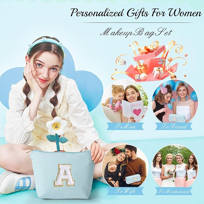 YOOLIFE Initial Makeup Bag for Women Girls - Skin Care for Teens 10-12 | Make Up Bag | Gifts for Women | Graduation Gifts | Mothers Day Gifts | Tween Girls Trendy Stuff Spring Break Essentials T