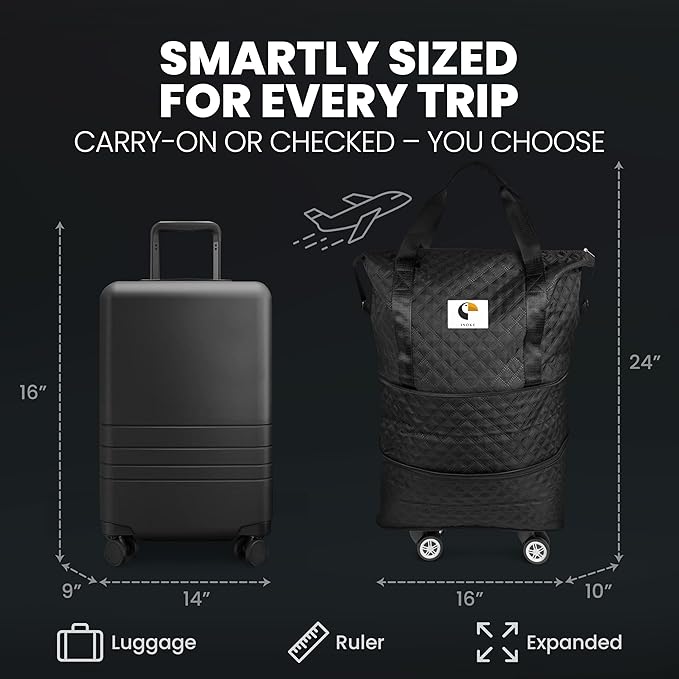 ISOKE Foldable Travel Duffel Bag - TSA Approved - With Wheels & Shoe Compartment - Weekender Bags for Women - Carry On Overnight Bag - Black - 16"×10"×24"