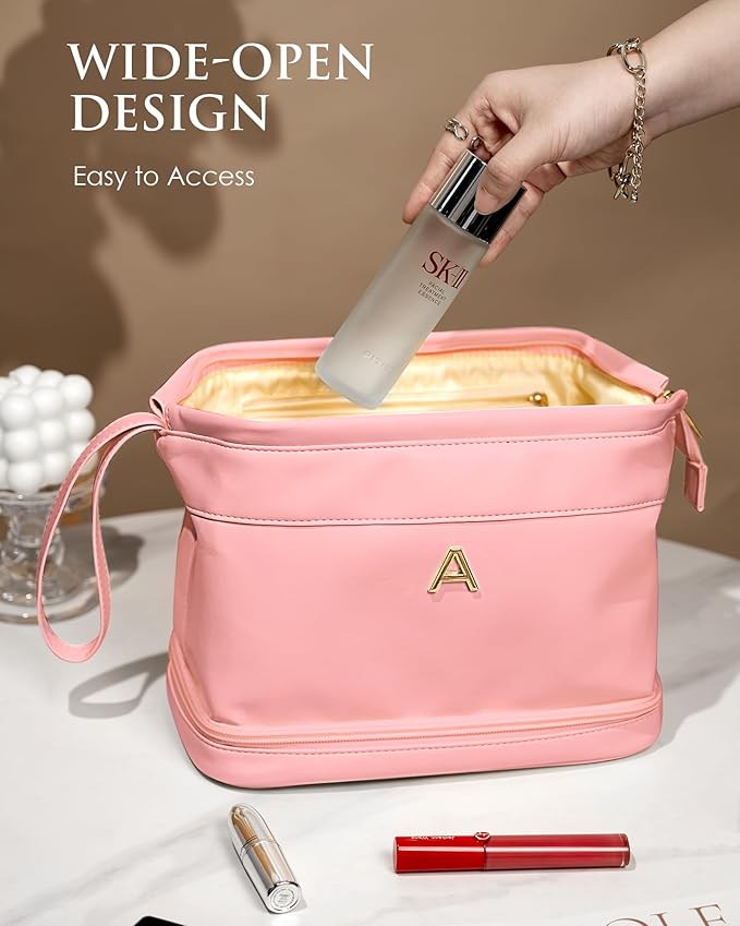 Gifts for Girls, Initial Large Makeup Bag, Personalized Double Layer Cosmetic Bag with Makeup Brush Organizer, PU Leather Travel Toiletry Bag Gift For Daughter, Preppy Things For Girls