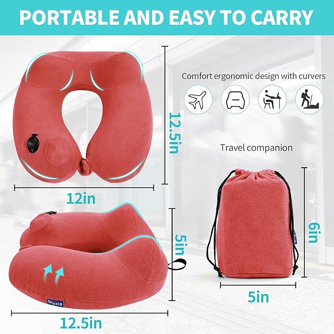 Inflatable Travel Neck Pillow for Airplane, Head Support Velvet Adult Neck Pillow for Long Flight, Kit with Eye Mask, Earplugs and Storage Bag,1, Rose Pink