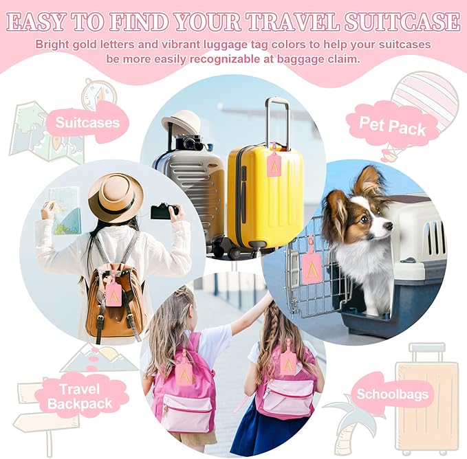 Personalized Initial Luggage Tags for Suitcase, Pink Leather Cute Luggage Tags with Privacy Cover Name Card, Embroidered Custom Monogrammed Luggage Tag Travel Bag Baggage Tags Gifts for Women Kids(A)