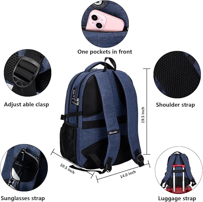 SHRRADOO Anti Theft Laptop Backpack Travel Backpacks with usb Charging Port for Women Men High School College Backpack Computer Bag Fits 17 Inch Laptop,Royal Blue