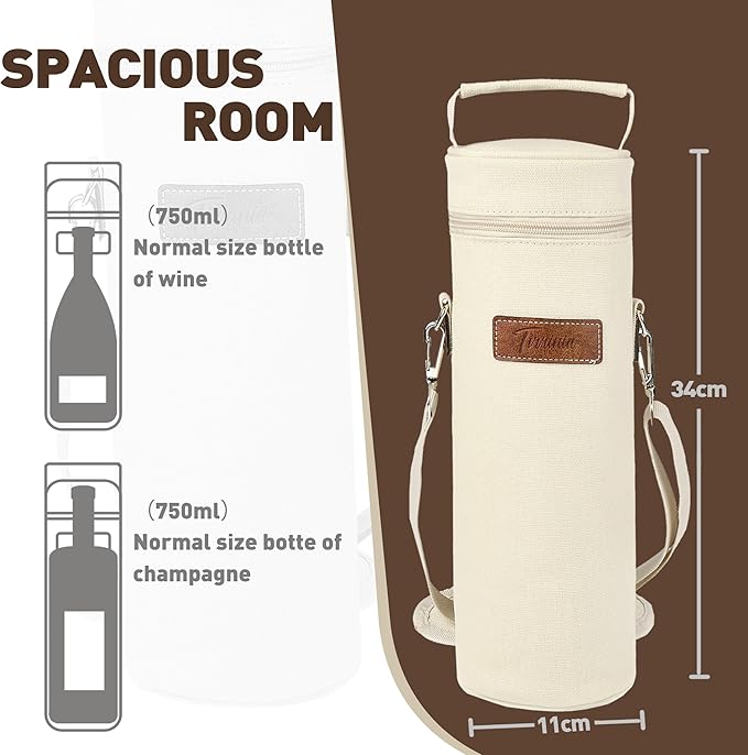 Tirrinia Single Wine Cooler Bags - Insulated & Padded Portable Wine Gift Tote Carrier for Travel, BYOB Restaurant, Wine Tasting, Party, Great Gift for Wine Lover, Beige