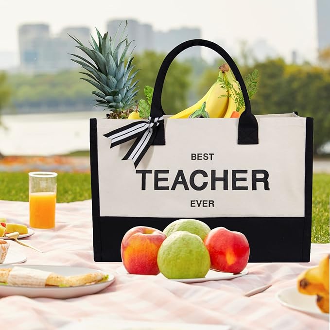 TOPDesign Embroidery Canvas Tote Bag for Women, Teacher Appreciation Gifts for Daycare, Preschool, Math, English, Music, Dance Teacher, Personalized Present Bag, Ideal for Beach, Holiday