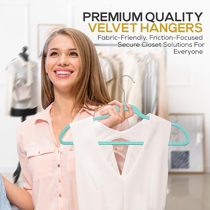 50 Pack New Premium Quality Velvet Hangers Ultra Thin Non Slip Adult Felt Space Saving Hangers for Closet Heavy Duty Coat Pants Dress Hangers 360° Swivel Hook Hold Upto 10 lbs Teal