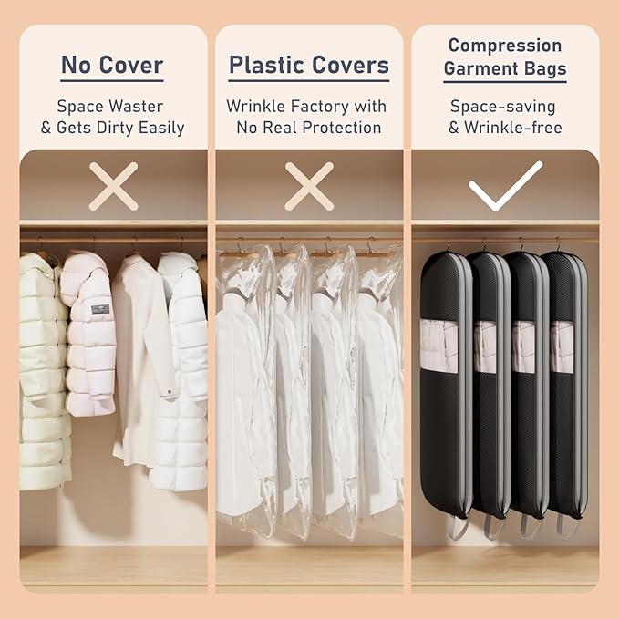 DIMJ 3 Pack 54" Garment Bags for Hanging Clothes - Space Saving Compression Suit Bag Travel with Handles Window, Washable Carry Clothing Storage Cover for Dress, Coats, Down Jacket, Shirts