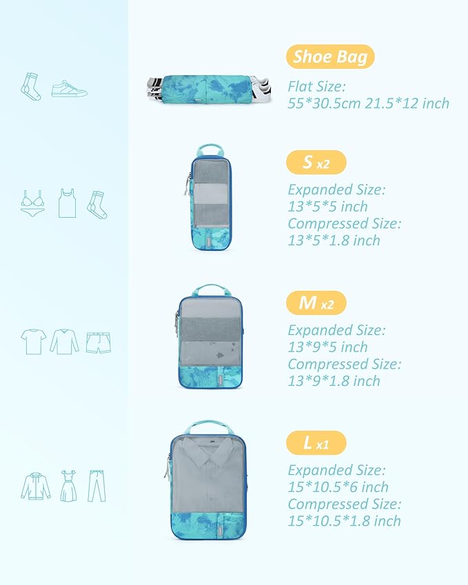 BAGSMART 6 Set Compression Packing Cubes - Lightweight Travel Essentials, Durable Luggage Organizer