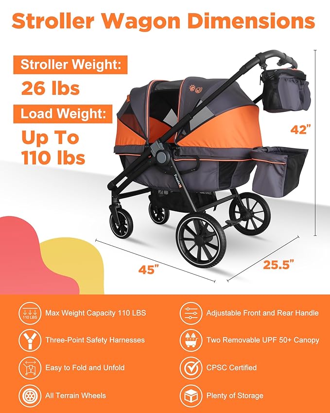 Tandem Wagon Stroller – All-Terrain 2-in-1 Push & Pull Design, Double Seat, Large Storage, Adjustable Canopy, Removable Child Tray for Kids Outdoor Adventures & Family Outings