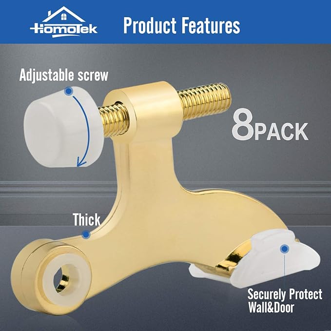 HOMOTEK 8 Pack Hinge Pin Bright Brass Door Stopper, Gold Door Stops, Adjustable Deluxe Heavy Duty Door Stopper 2-1/2"x1-3/4”,with White Rubber Bumper Tips