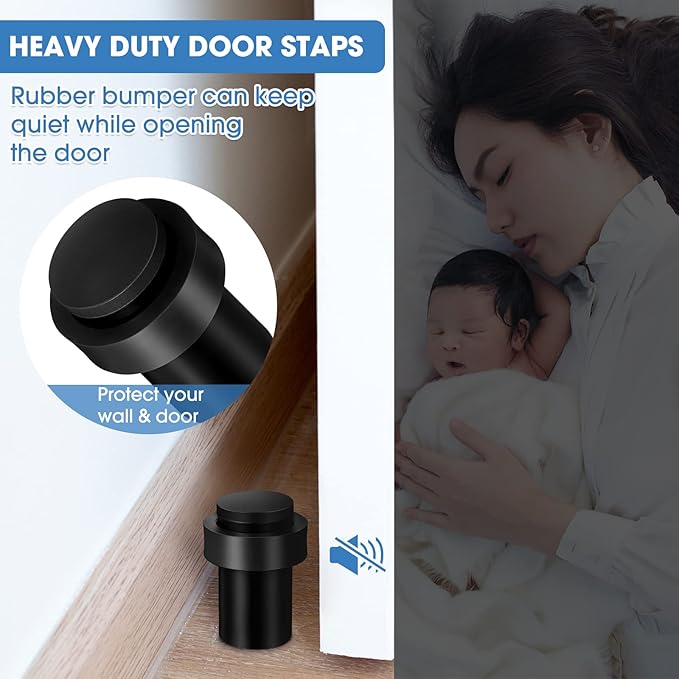 Chumia 30 Pcs Door Stopper Mounted Floor Stops Stainless Steel Cylindrical Stopper Modern Decorative Rubber Bumper Stops Holder Wall Protector for Bottom or Top of Door (Black)