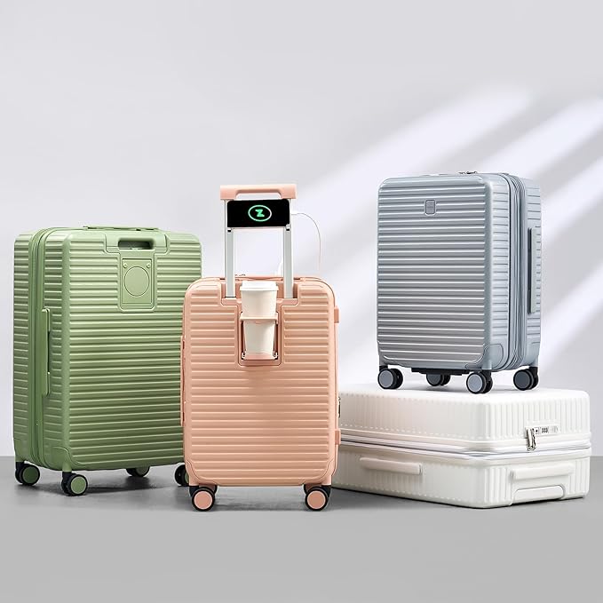 Hard Shell Suitcases 20 Inch Carry on Luggage Airline Approved with Wheels, Expandable Travel Luggage with Cup Holder Charger Built in Lightweight Small Suitcase, Caribbean Blue