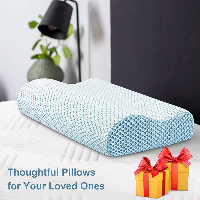 Anvo Memory Foam Pillow, Neck Contour Cervical Orthopedic Bed Pillow for Sleeping Side Back Stomach Sleeper, Ergonomic Design for Neck and Shoulder Pain Relief, Blue White, Firm