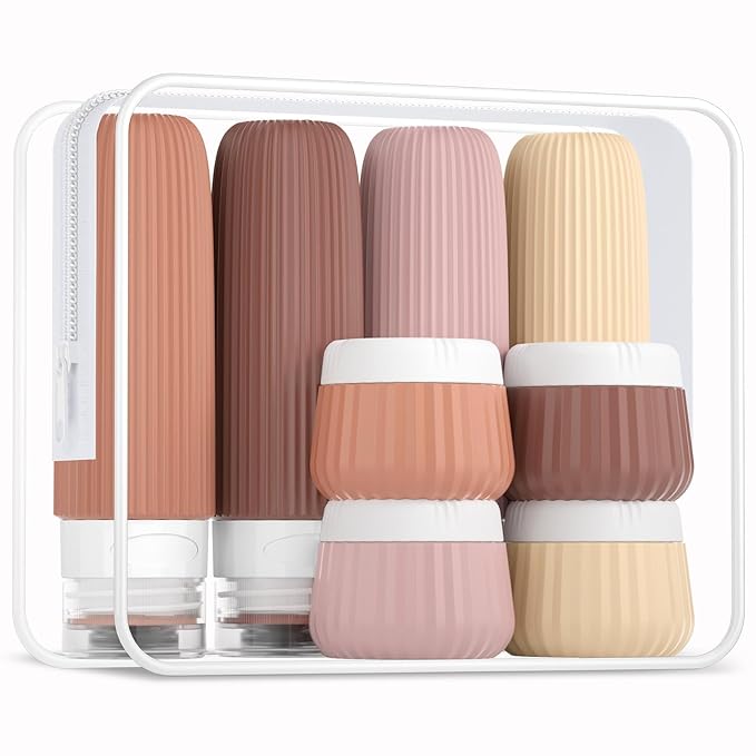 Travel Bottles - 8 Pack, TSA Approved 3 oz Travel Containers for Toiletries, Clear Bag, Leak Proof Silicone Squeezable Essentials Jars