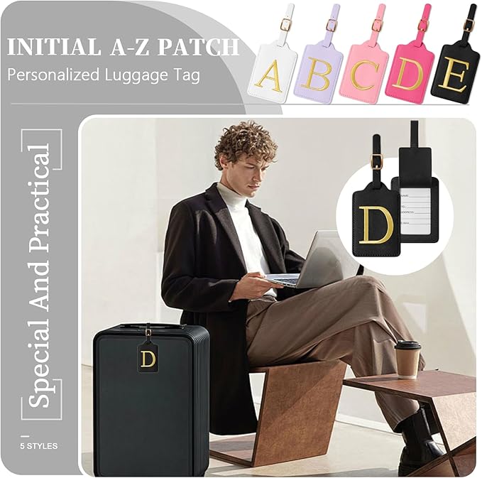 Personalized Initial Luggage Tags for Suitcase TSA Approved, Black Leather Cute Luggage Tag with Privacy Cover Name Card, Embroidered Custom Luggage Tags Travel Backpack Tags Gifts for Women Kids(D)