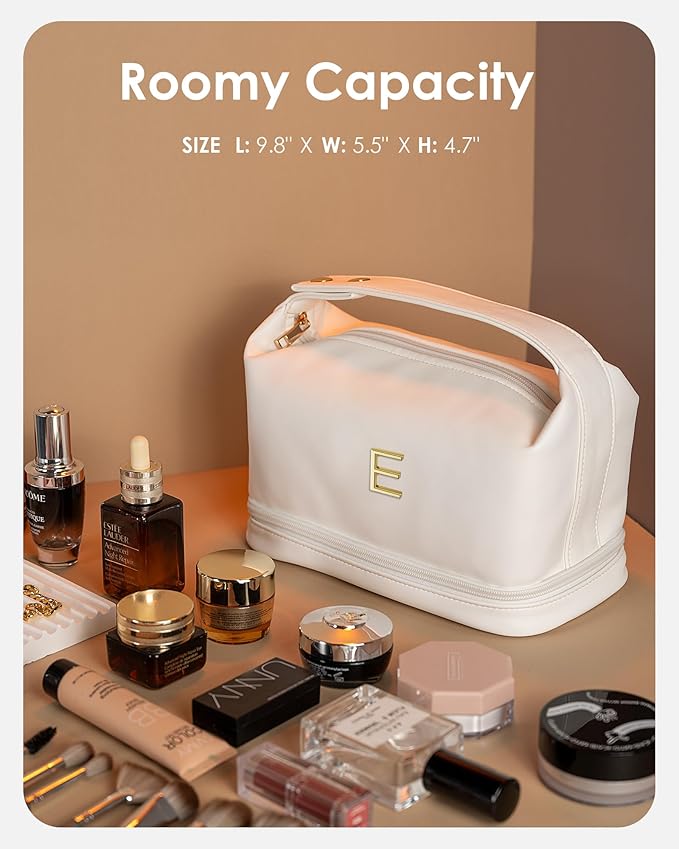 Makeup Bags with Handle, Friend Gifts, Personalized Double Layer Cosmetic Bag with Makeup Brush Organizer, Waterproof, Large Capacity PU Leather Travel Toiletry Bag, Birthday Gifts for Girls