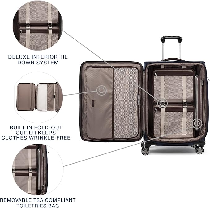 Travelpro Platinum Elite Softside Expandable Checked Luggage, 8 Wheel Spinner Suitcase, TSA Lock, Men and Women, True Navy Blue, Checked Medium 25-Inch
