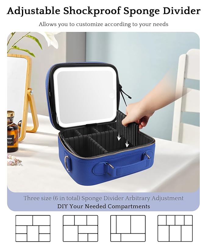 MOMIRA Travel Makeup Bag Cosmetic Bag with Lighted Mirror, Adjustable Brightness in 3 Color Scenarios/Detachable makeup mirror, All-round Upgrade, Waterproof, Gift for Women -Blue