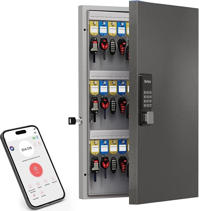72 Key Cabinet Organizer,Metal Key Lock Box Wall Mount use OTP Technology Unlock,Fixed Password/Bluetooth Unlock, App Remotely Generates Pin Codes Without Internet,Great for Key Hook & Storage