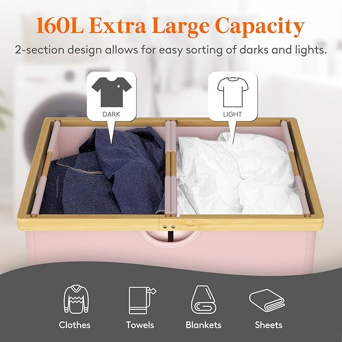 Lifewit 160L Double Laundry Hamper with Lid, Extra Large Bamboo Laundry Basket Dirty Clothes Hamper, 2 Section Laundry Bin Organizer for Laundry Room Bedroom with 2 Removable Liners & Bags, Pink