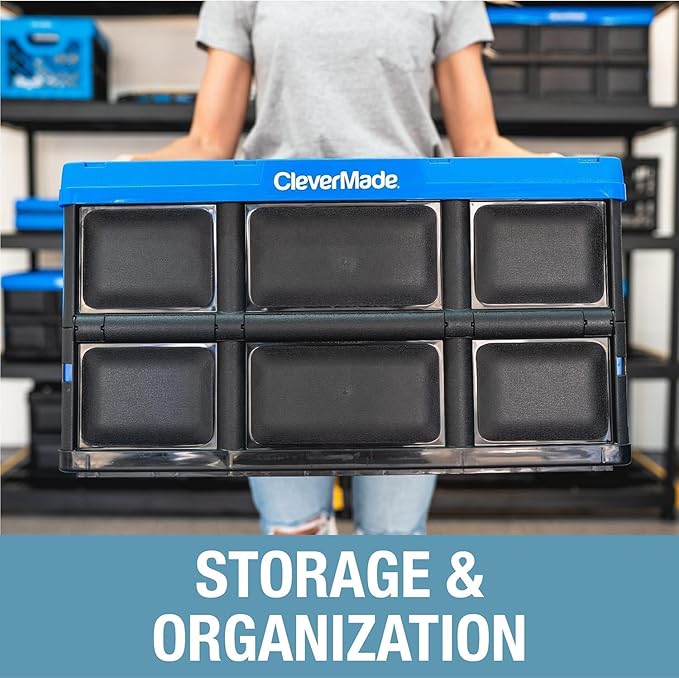 CleverMade Collapsible Storage Bins - Ocean 3 Pack 32L / 8 Gal holds 66 lbs - Stackable Containers Heavy Duty Capacity Folding Crates Space-Saving