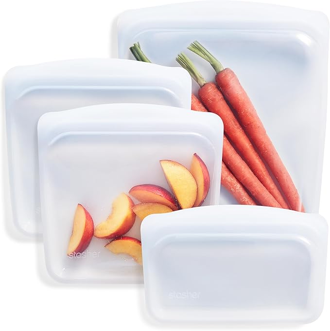Stasher Premium Silicone Reusable Food Storage Bags, 4-Pack, Clear, Multi-Use Food Storage Bags, Lunch Bag, Travel Containers, BPA Free, Leak-free, Dishwasher-Safe, Eco-friendly
